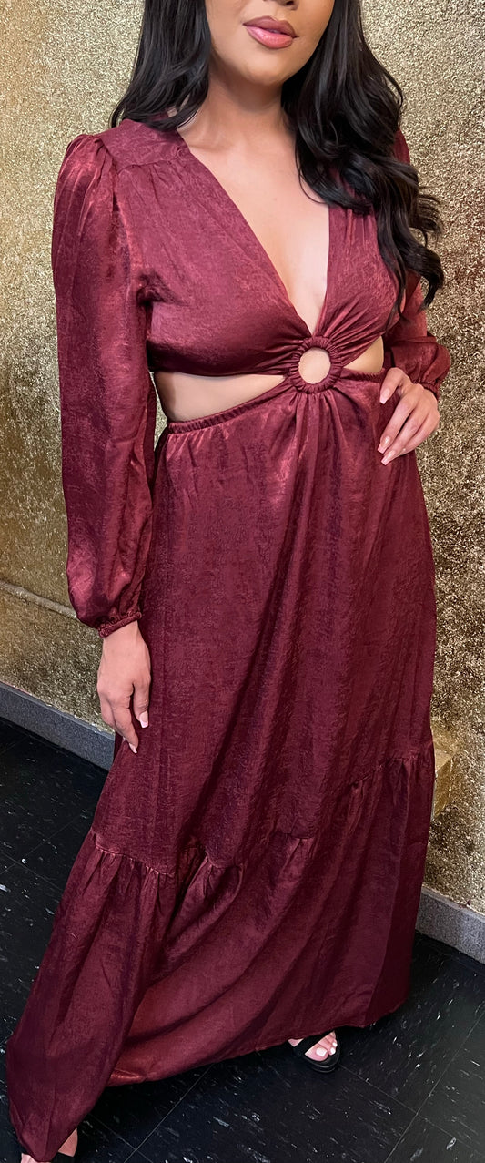 Red Wine Satin Maxi Cut-Out