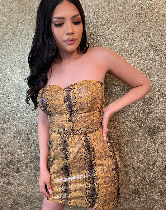 Strapless belted snake print dress