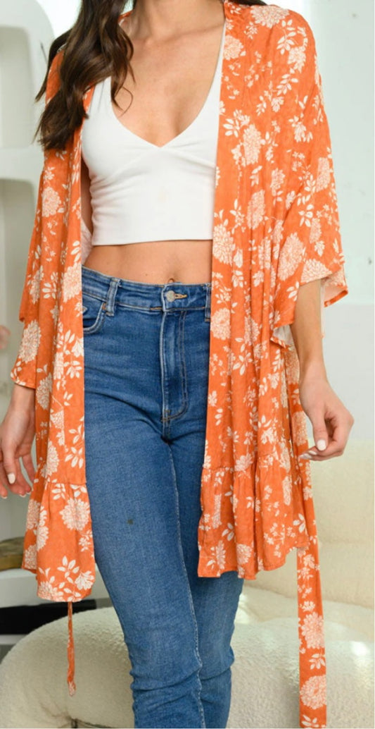 Orange Floral Mix Print Kimono