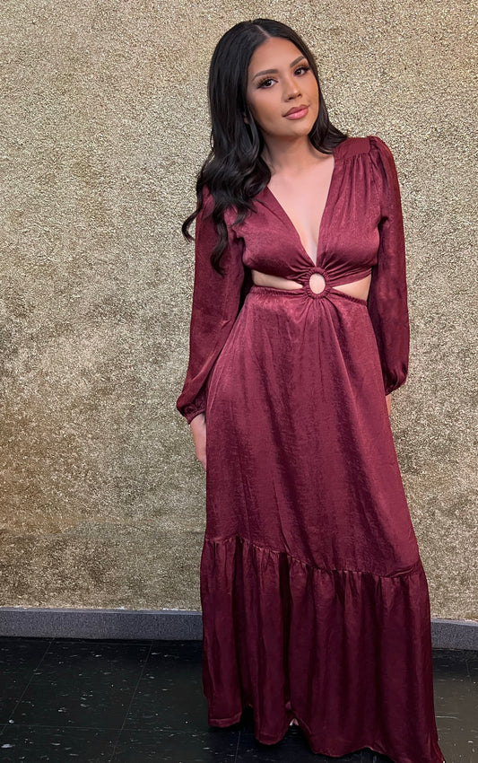 Red Wine Satin Maxi Cut-Out